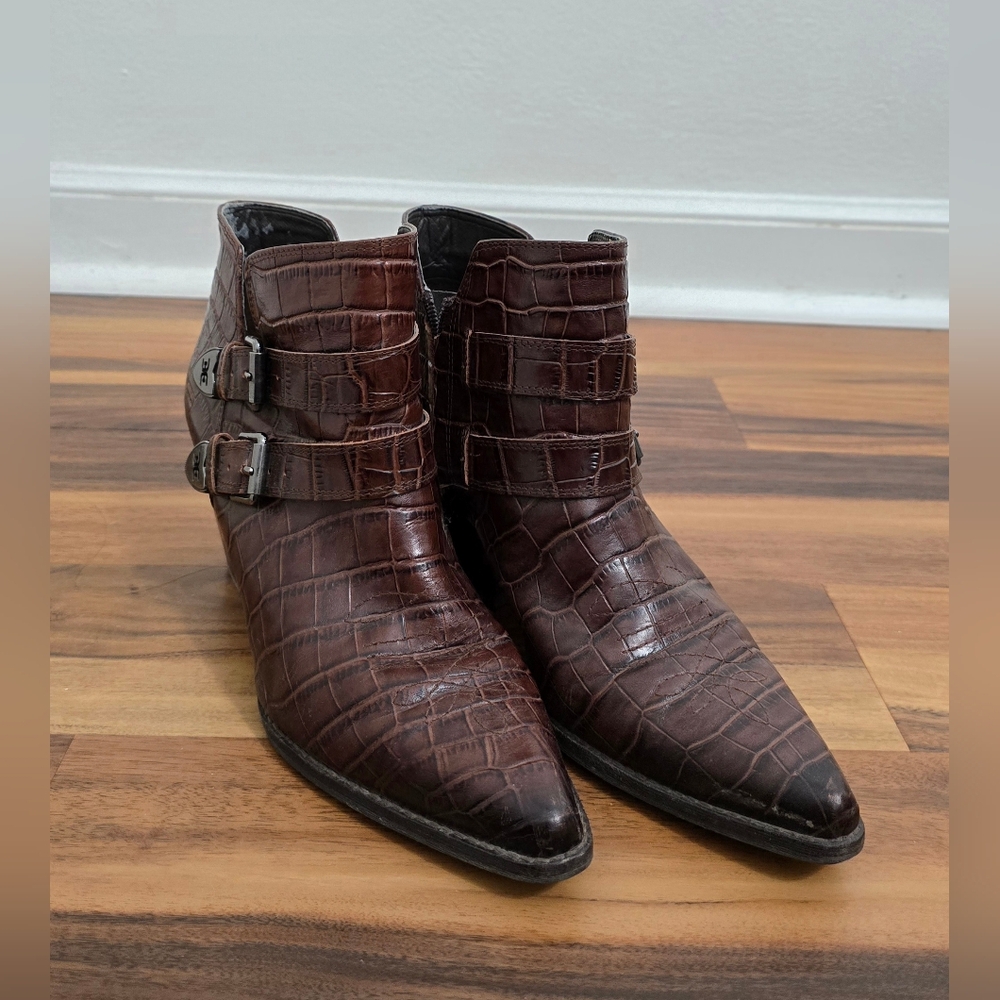 Sam Edelman Brown Leather Cowboy Booties Size 10, EUC Silver Accents Pointed Toe